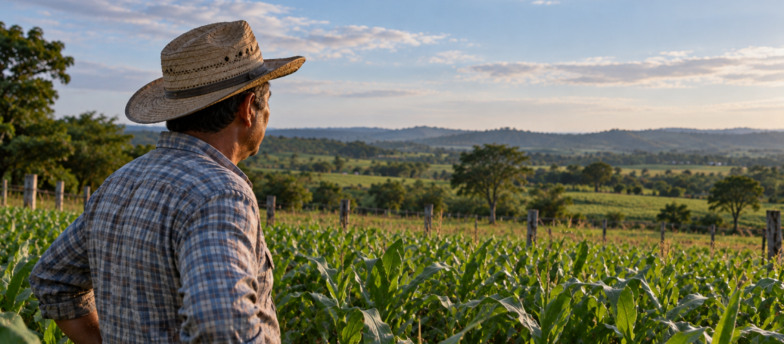 Farmer Surveying a Sunlit Maize Field